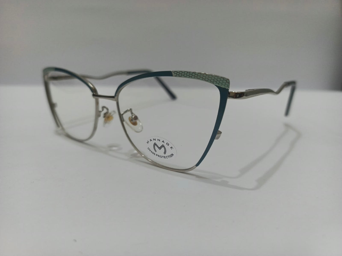 Ladies teal and silver patterned cat-eye eyeglasses frame, size 52-17-134