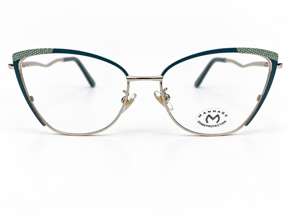 Ladies teal and silver patterned cat-eye eyeglasses frame, size 52-17-134