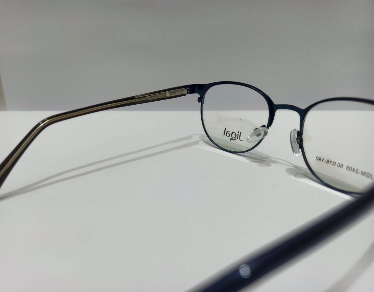 Jigal JGM-2405 navy blue unisex round prescription eyeglasses frame, size 50-18-140