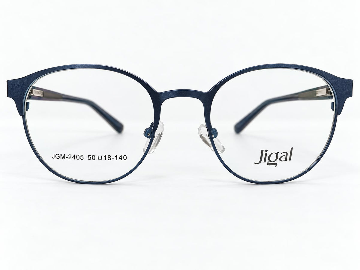 Jigal JGM-2405 navy blue unisex round prescription eyeglasses frame, size 50-18-140