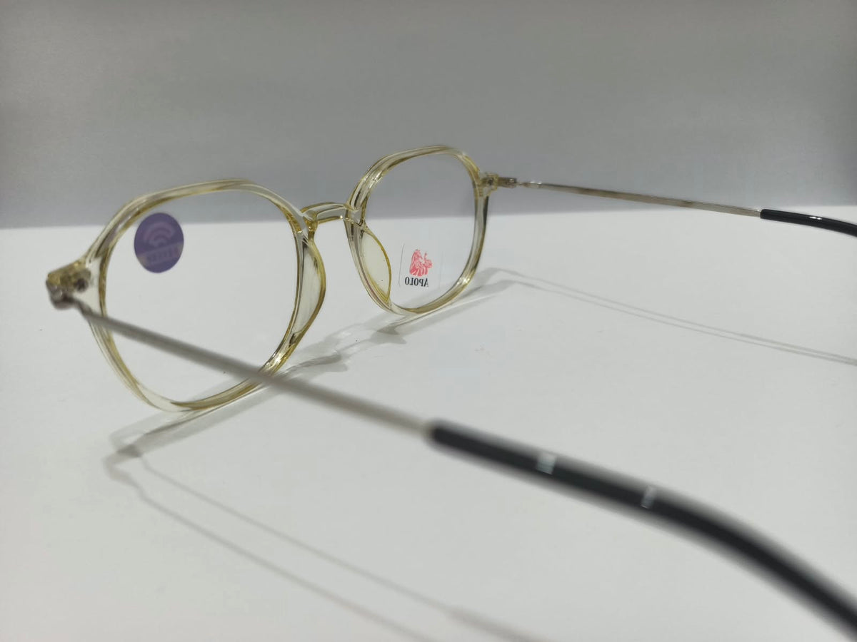 Apolo transparent champagne yellow and silver geometric prescription eyeglasses, unisex size 52-18-136