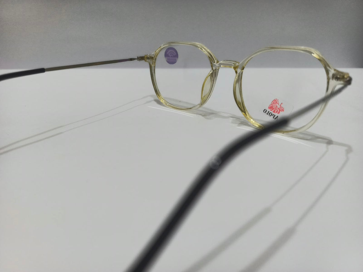 Apolo transparent champagne yellow and silver geometric prescription eyeglasses, unisex size 52-18-136