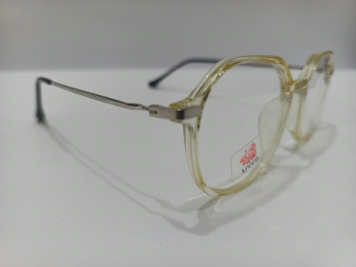 Apolo transparent champagne yellow and silver geometric prescription eyeglasses, unisex size 52-18-136