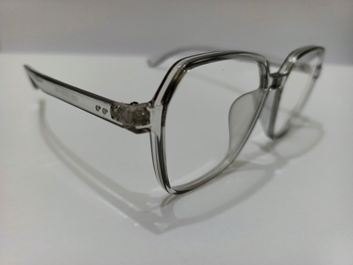 Transparent smoke grey oversized geometric prescription eyeglasses, unisex size 57-15-145