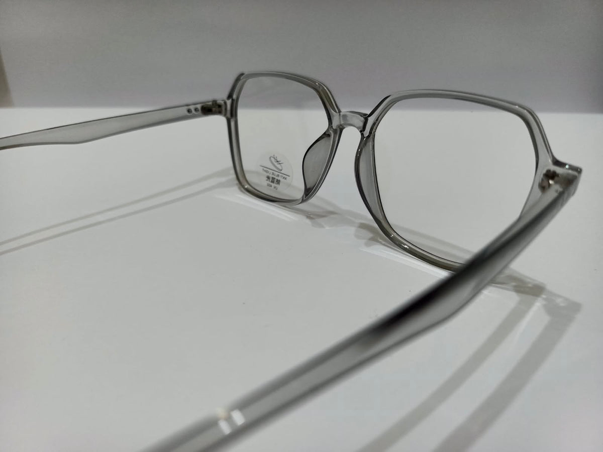 Transparent smoke grey oversized geometric prescription eyeglasses, unisex size 57-15-145