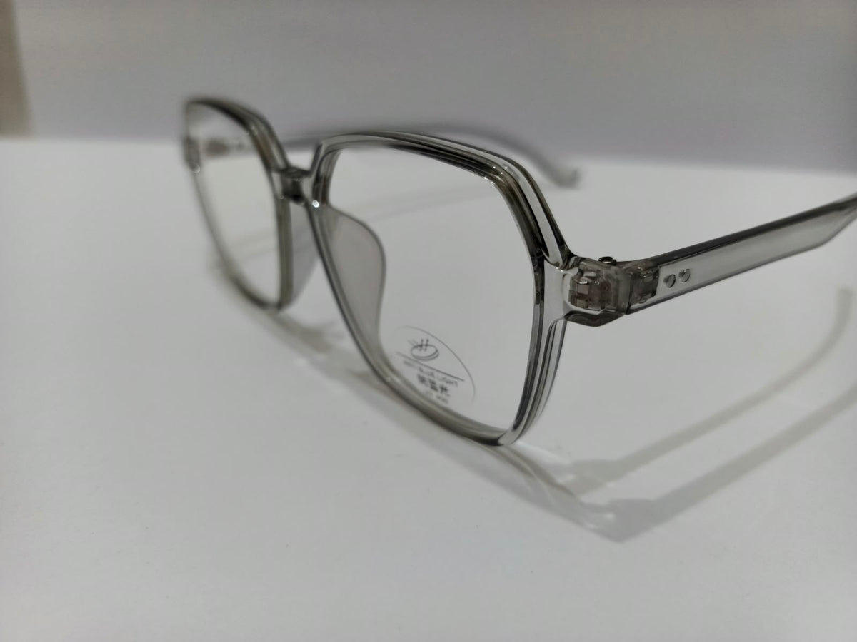 Transparent smoke grey oversized geometric prescription eyeglasses, unisex size 57-15-145