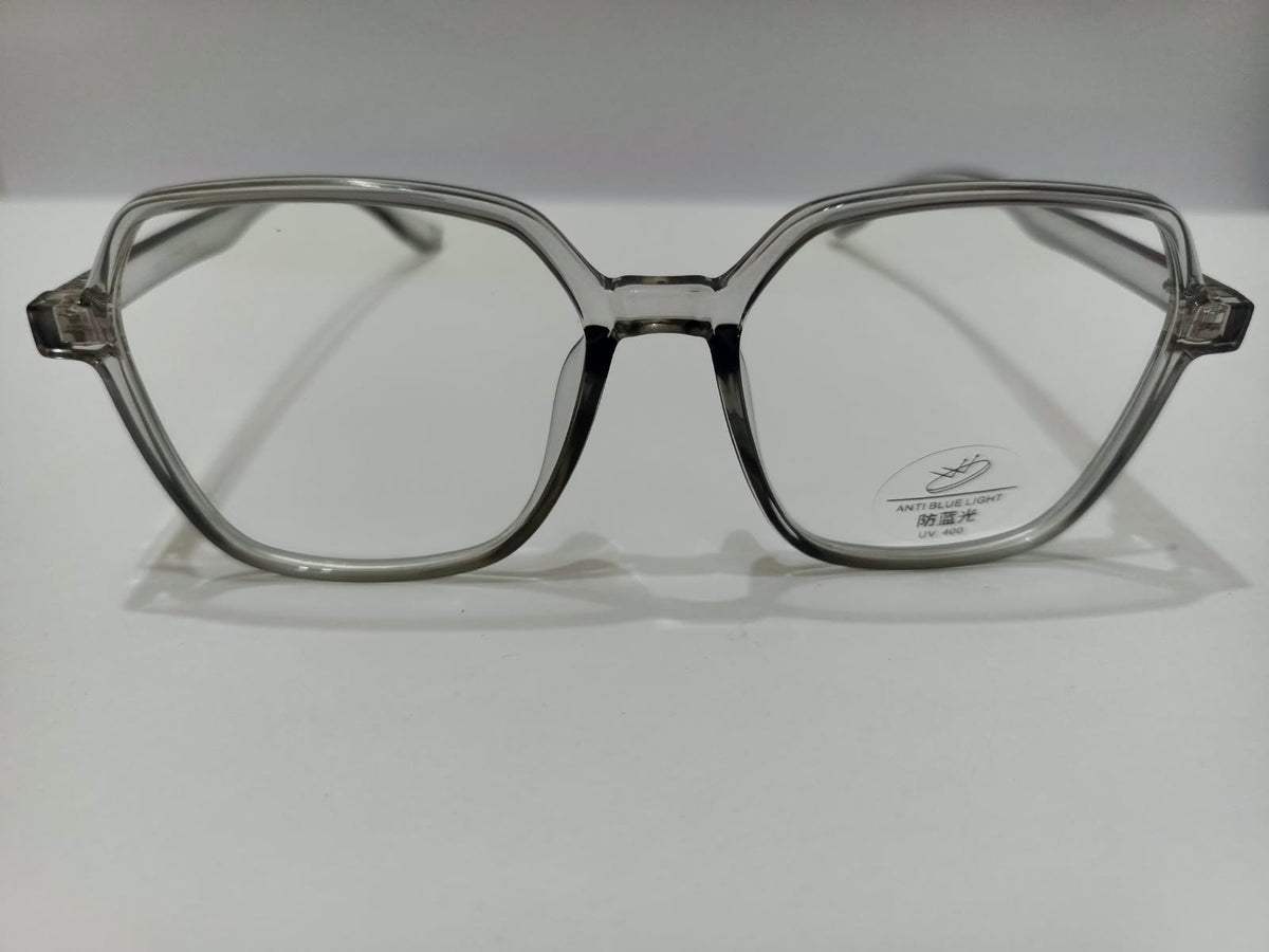 Transparent smoke grey oversized geometric prescription eyeglasses, unisex size 57-15-145