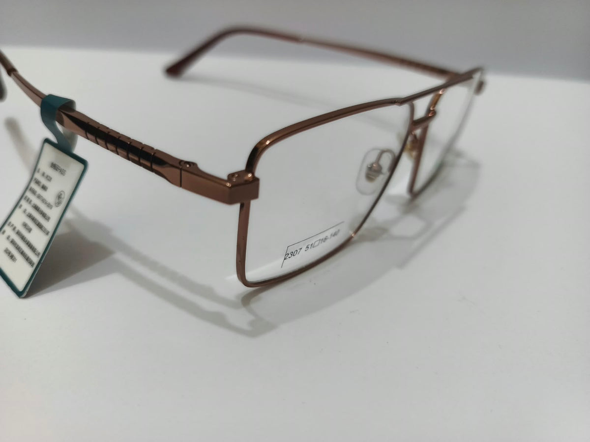 Copper brown rectangular double-bridge aviator metal prescription eyeglasses with patterned temples