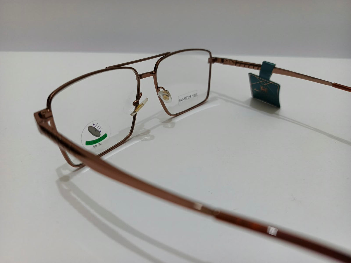 Copper brown rectangular double-bridge aviator metal prescription eyeglasses with patterned temples
