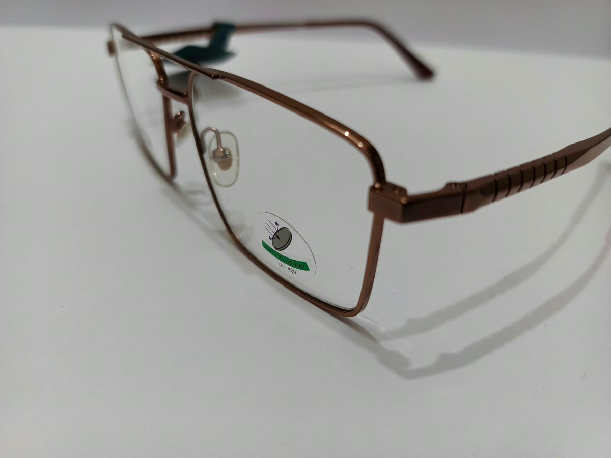 Copper brown rectangular double-bridge aviator metal prescription eyeglasses with patterned temples