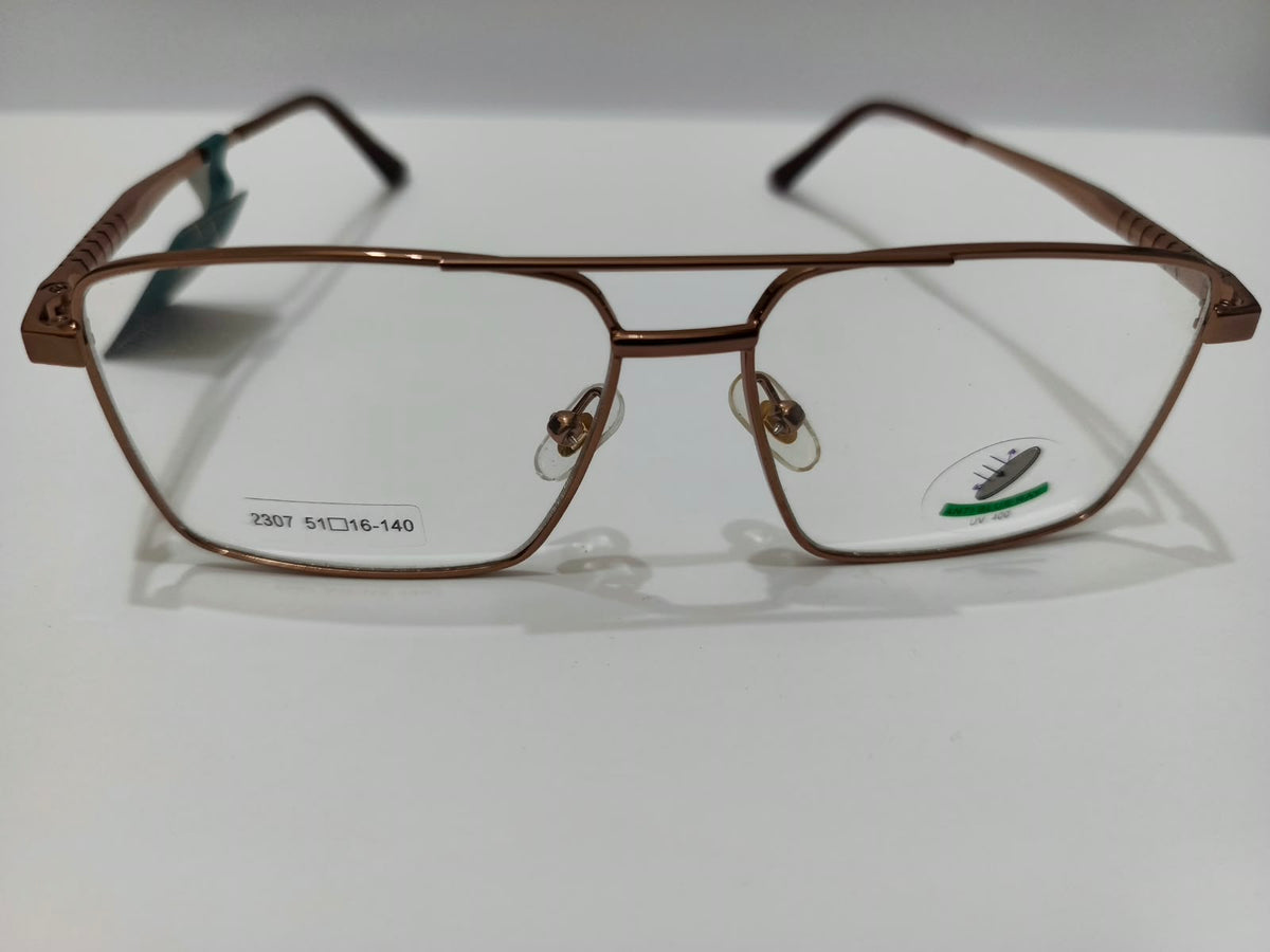Copper brown rectangular double-bridge aviator metal prescription eyeglasses with patterned temples