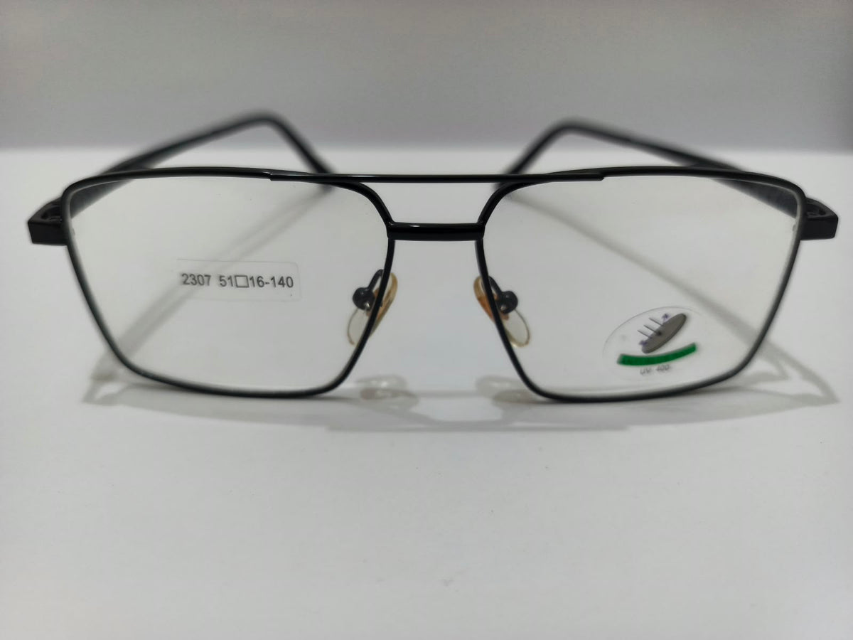 Black rectangular double-bridge aviator metal prescription eyeglasses model 2307, size 51-16-140
