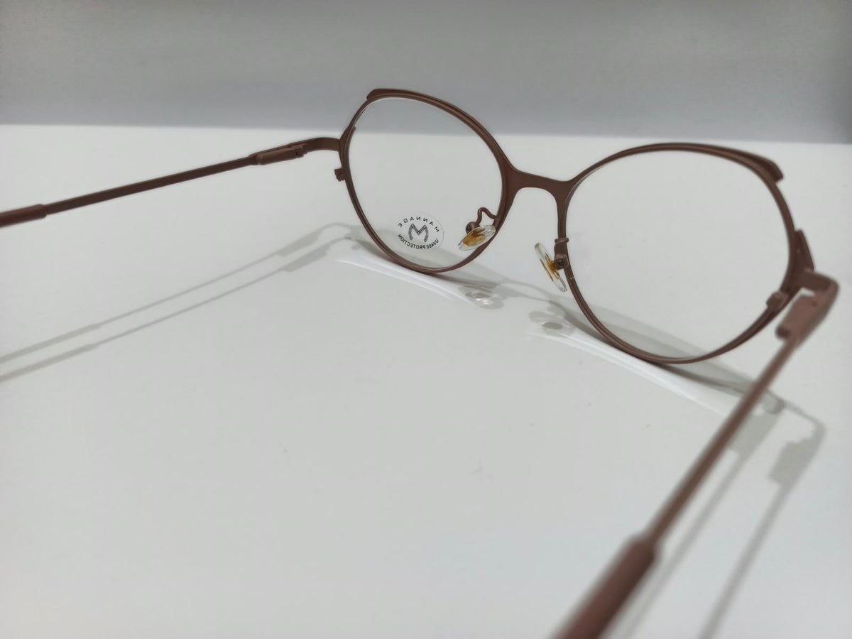Ladies rose brown rounded cat-eye metal prescription glasses with sculpted brow accents, size 52-16-138