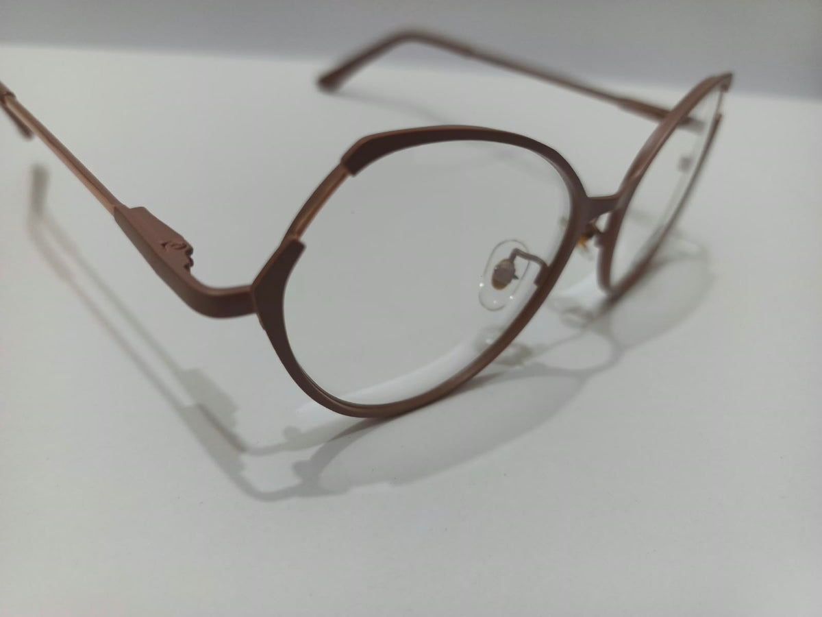 Ladies rose brown rounded cat-eye metal prescription glasses with sculpted brow accents, size 52-16-138