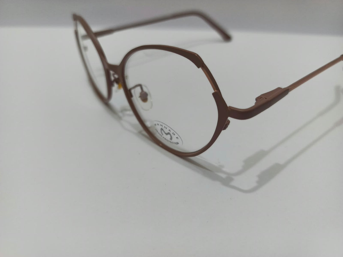 Ladies rose brown rounded cat-eye metal prescription glasses with sculpted brow accents, size 52-16-138