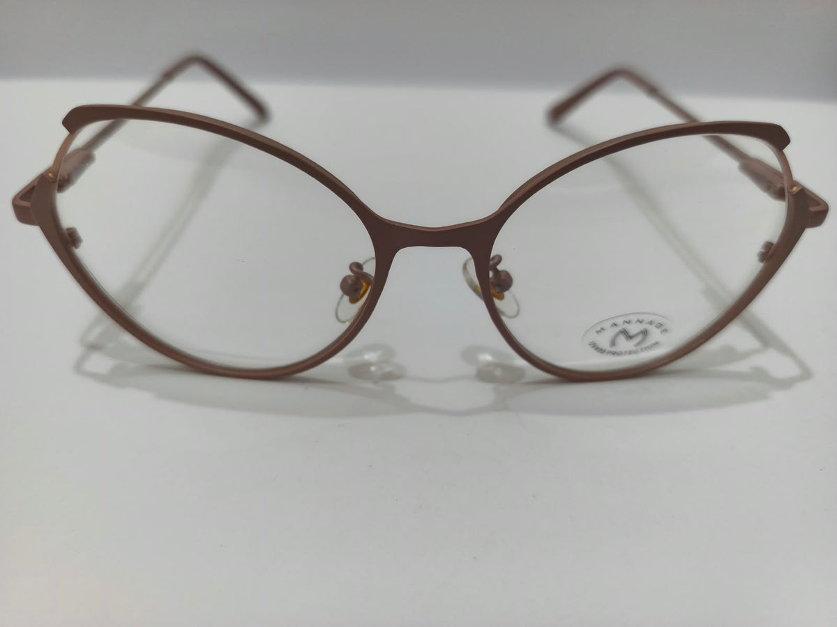 Ladies rose brown rounded cat-eye metal prescription glasses with sculpted brow accents, size 52-16-138
