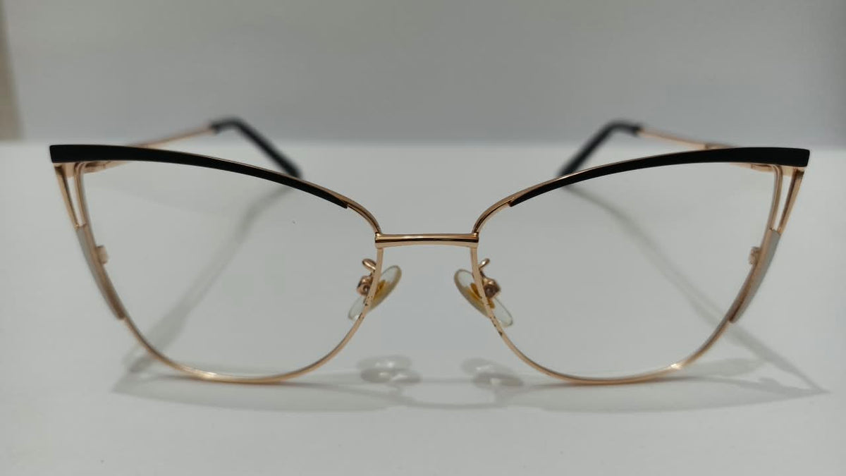 Black and gold cat-eye prescription eyeglasses, front view, size 50-17-128