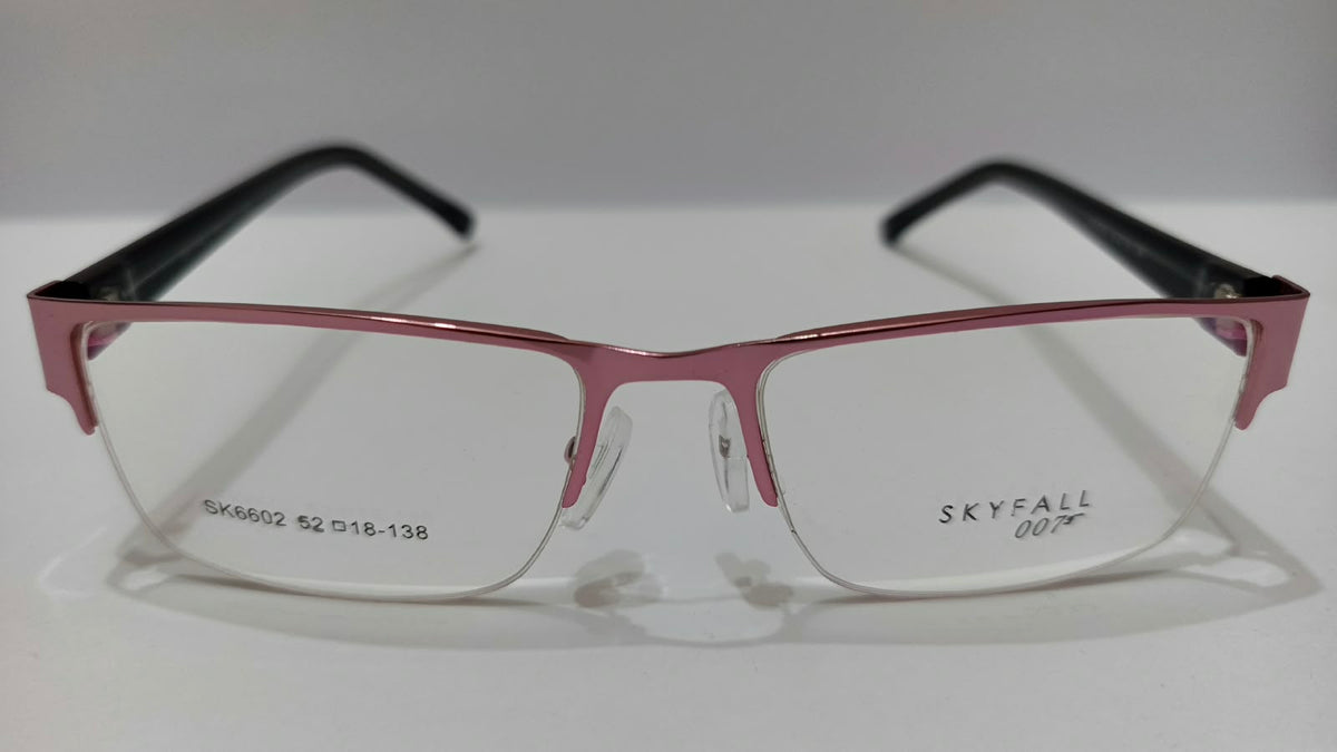 SKYFALL SK6602 rose pink and black rectangular prescription glasses, front view, 52-18-138