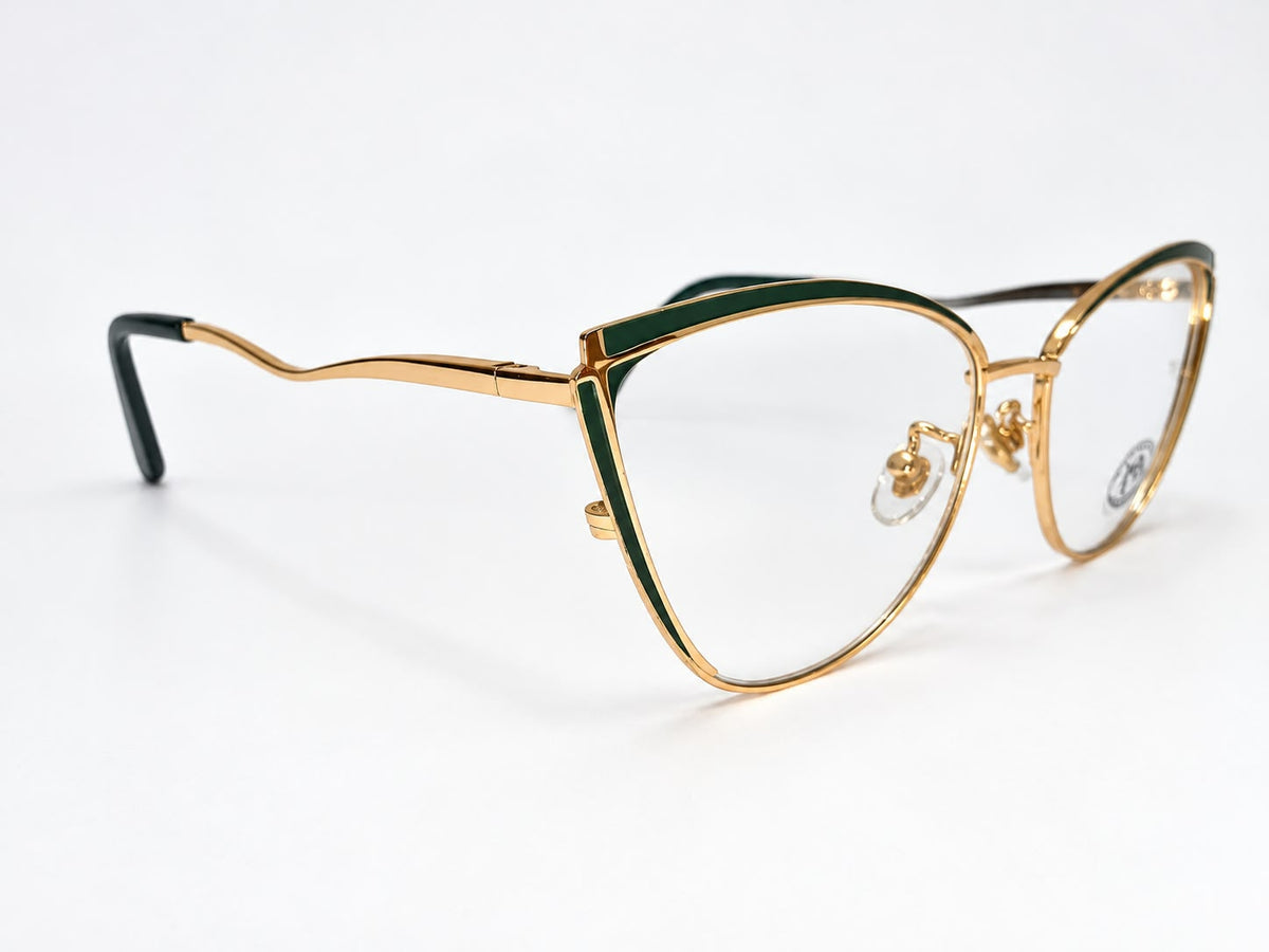 Ladies deep green and gold cat-eye prescription eyeglasses frame, size 52-17-134