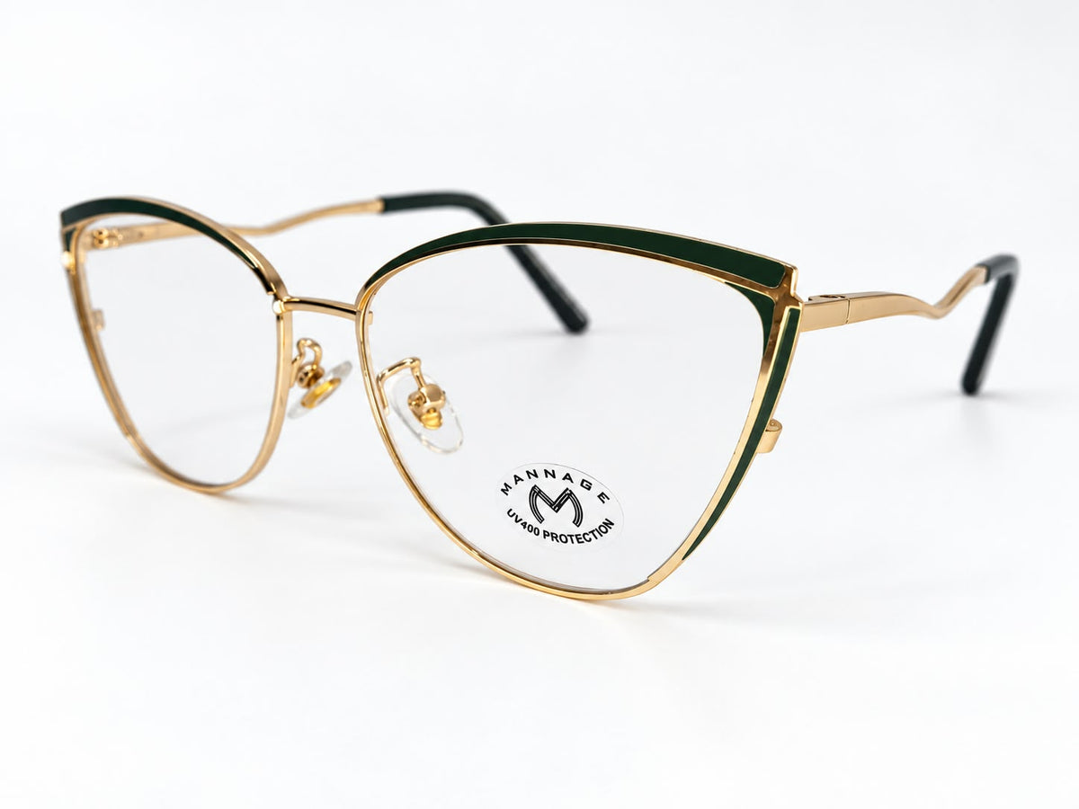 Ladies deep green and gold cat-eye prescription eyeglasses frame, size 52-17-134