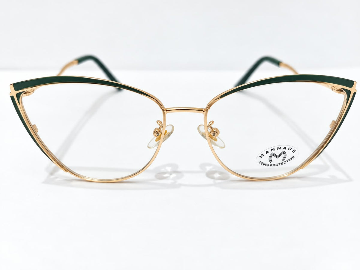 Ladies deep green and gold cat-eye prescription eyeglasses frame, size 52-17-134
