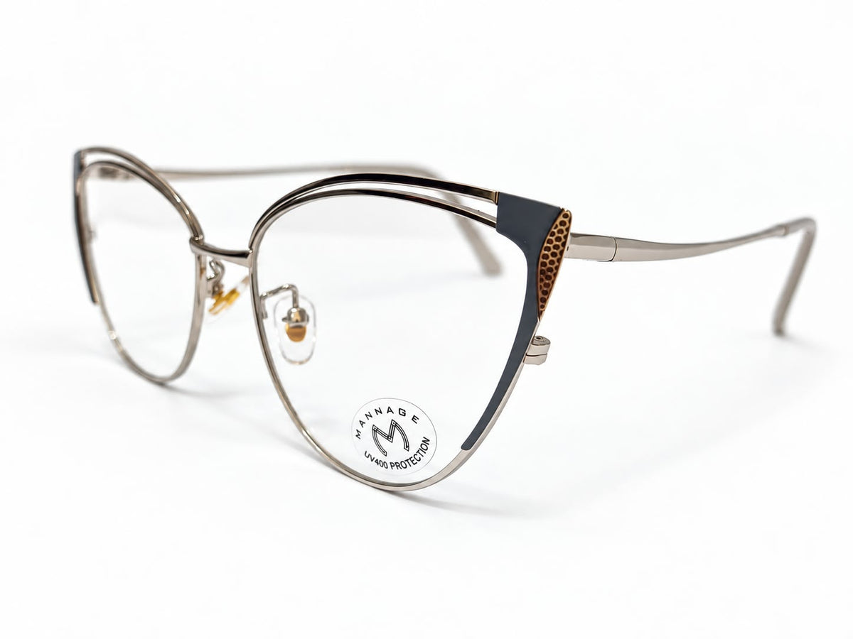 Ladies slate grey and silver-tone cat-eye prescription eyeglasses with gold-tone corner details, size 52-17-134