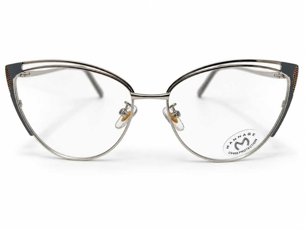 Ladies slate grey and silver-tone cat-eye prescription eyeglasses with gold-tone corner details, size 52-17-134
