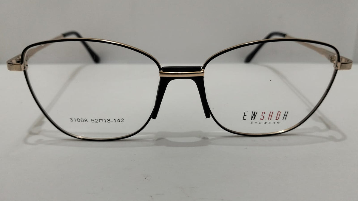 Front view of black and gold-tone metal eyeglasses