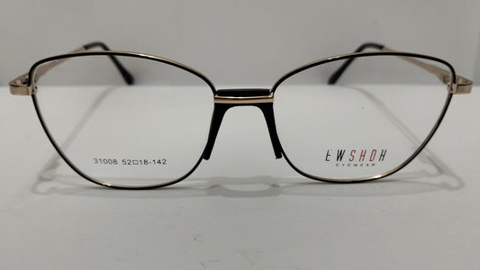Front view of black and gold-tone metal eyeglasses