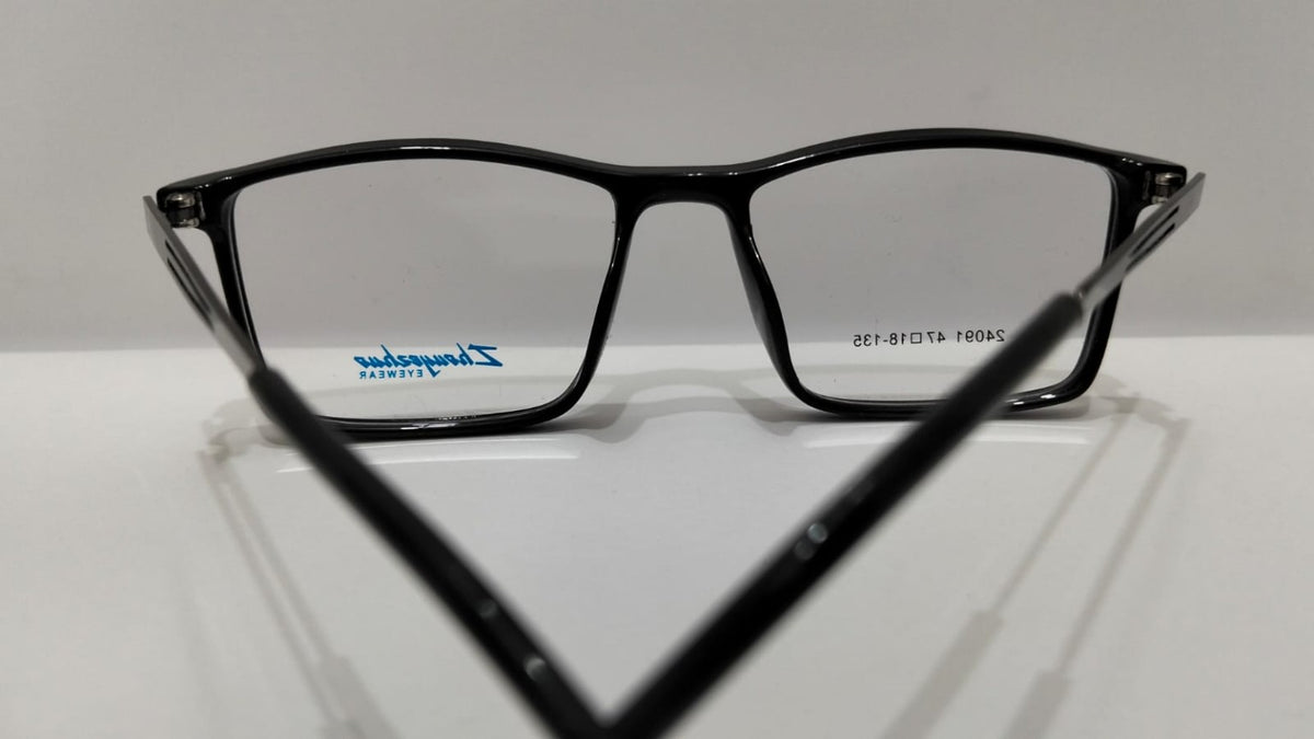Black rectangular eyeglasses rear view