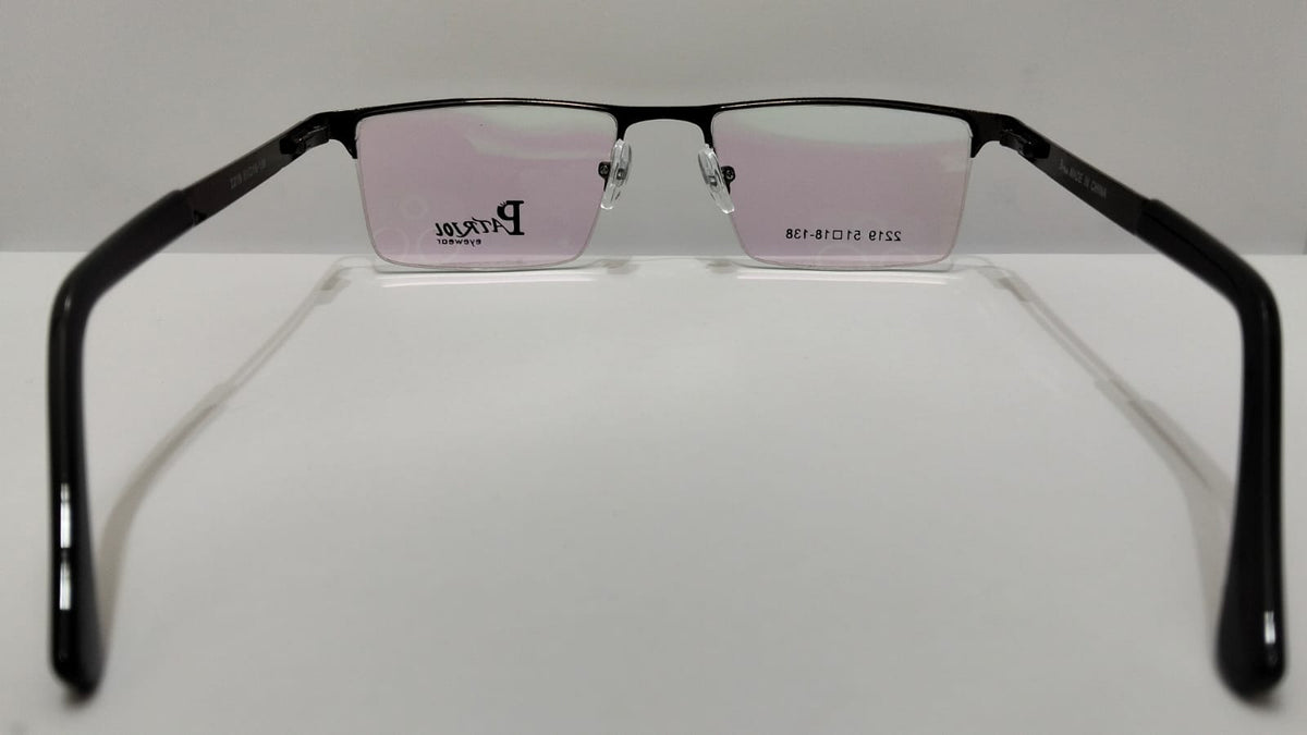 Side detail of the black semi-rimless frame and temples