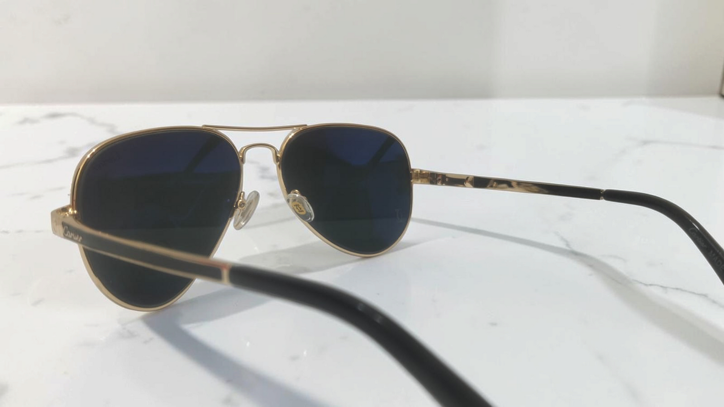 Cartier Style Aviator Sunglasses .Classic Golden Frame with  Greenish black Tint (Unisex)