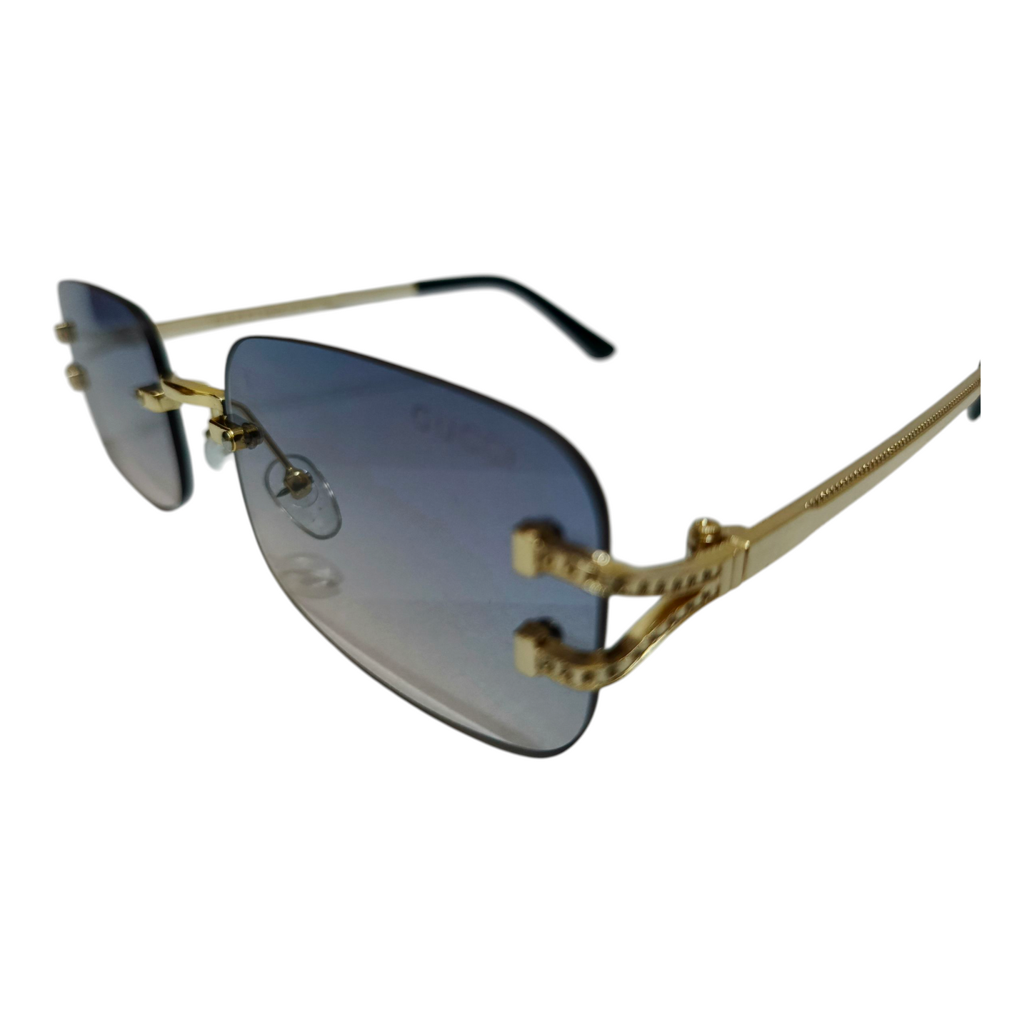 Gucci Inspired Rimless Gradient Sunglasses with Gold Accents - Made in Italy mentioned.