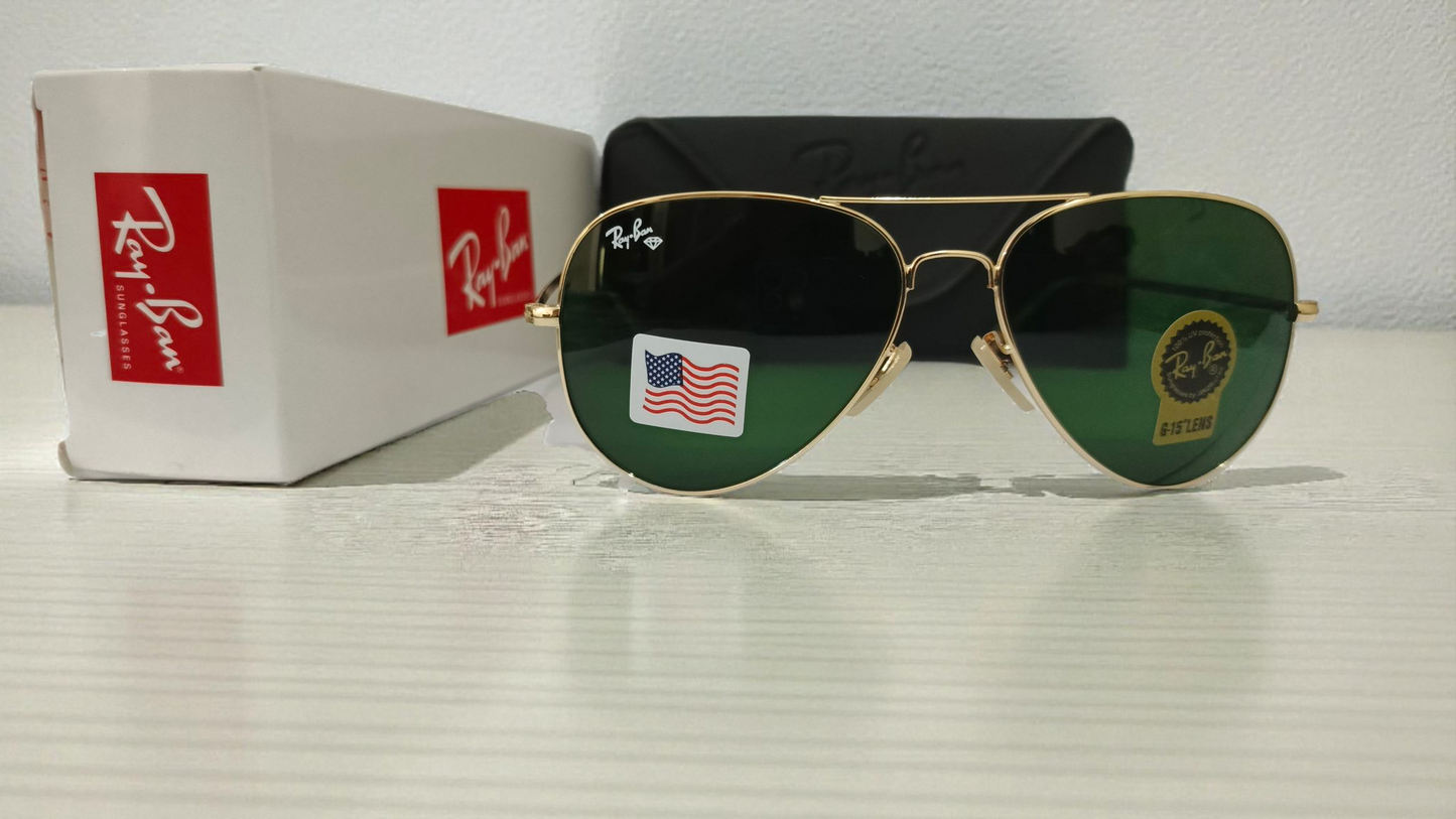 Ray Ban inspired Golden BEO Classic Pilot Aviator Sunglasses - Essential Gold Frame with High-Protection Green Lens