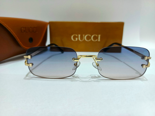 Gucci Inspired Rimless Gradient Sunglasses with Gold Accents - Made in Italy mentioned.