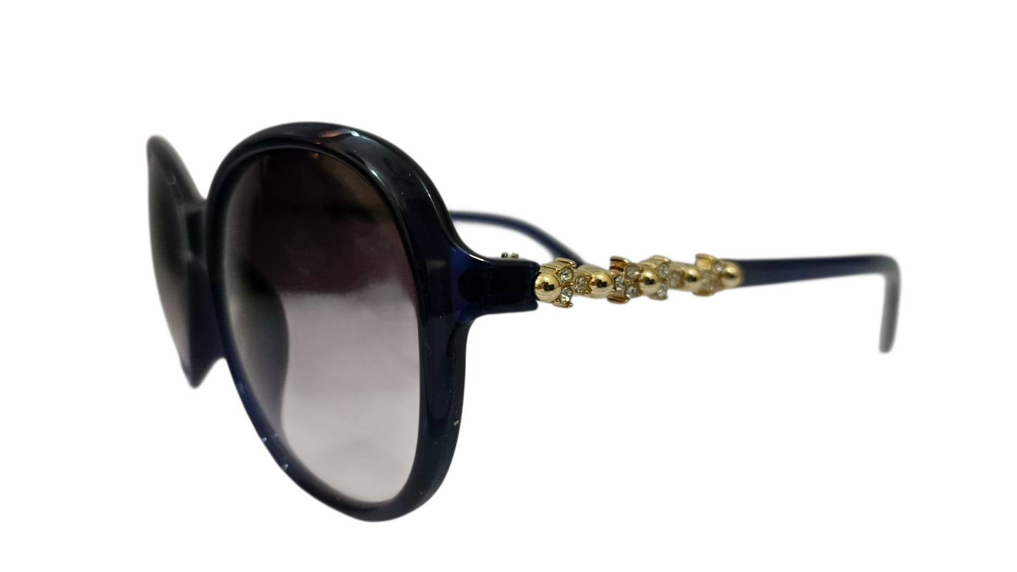 Chic Oversized Butterfly Sunglasses - Navy Blue with Gold & Crystal Detail