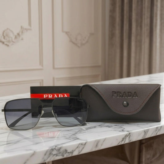 Inspiration of Prada Luxury Navigator Square Sunglasses for Men  Matte Black Frame with Premium Branding Details
