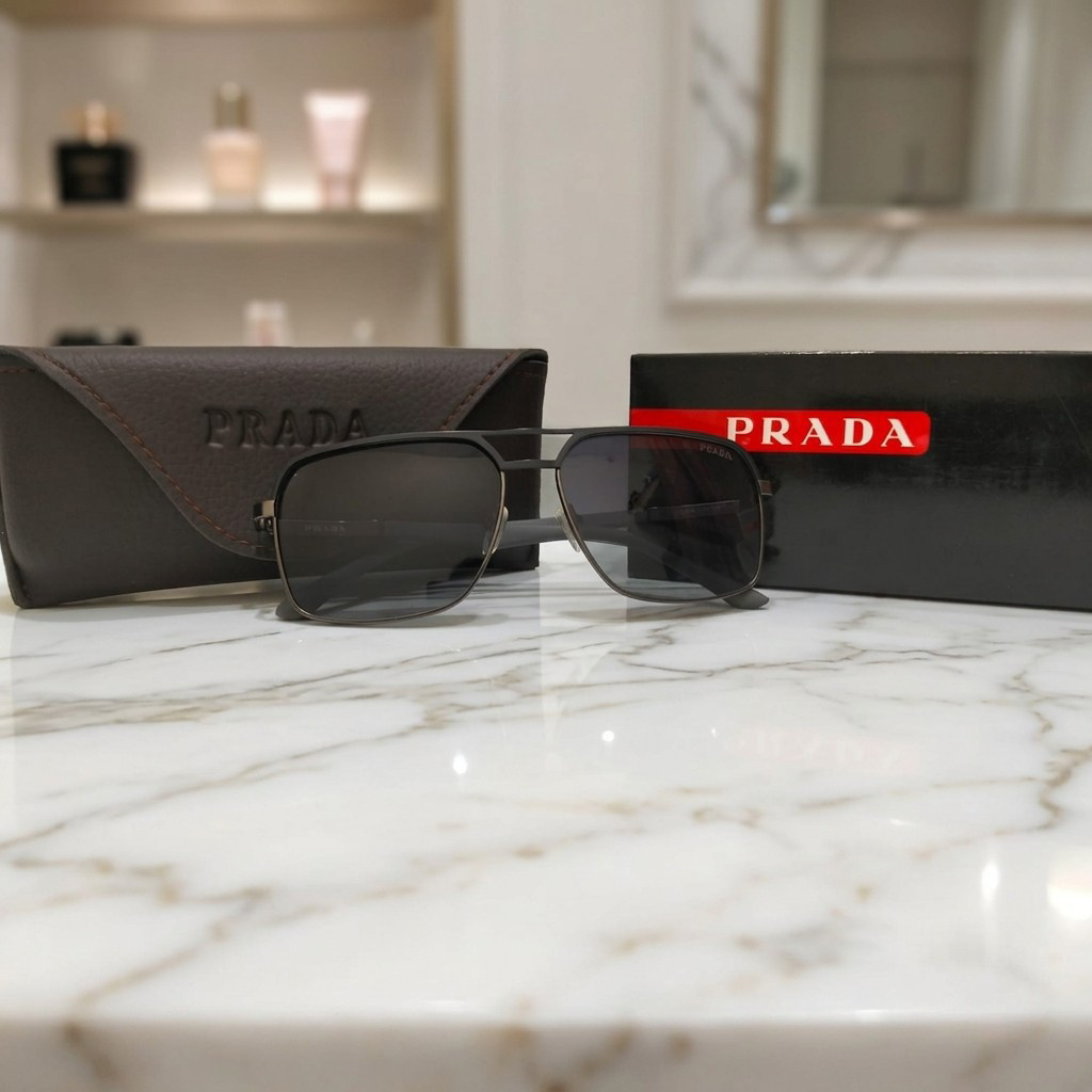 Inspiration of Prada Luxury Navigator Square Sunglasses for Men  Matte Black Frame with Premium Branding Details