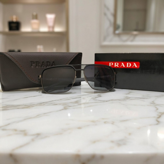 Inspiration of Prada Luxury Navigator Square Sunglasses for Men  Matte Black Frame with Premium Branding Details