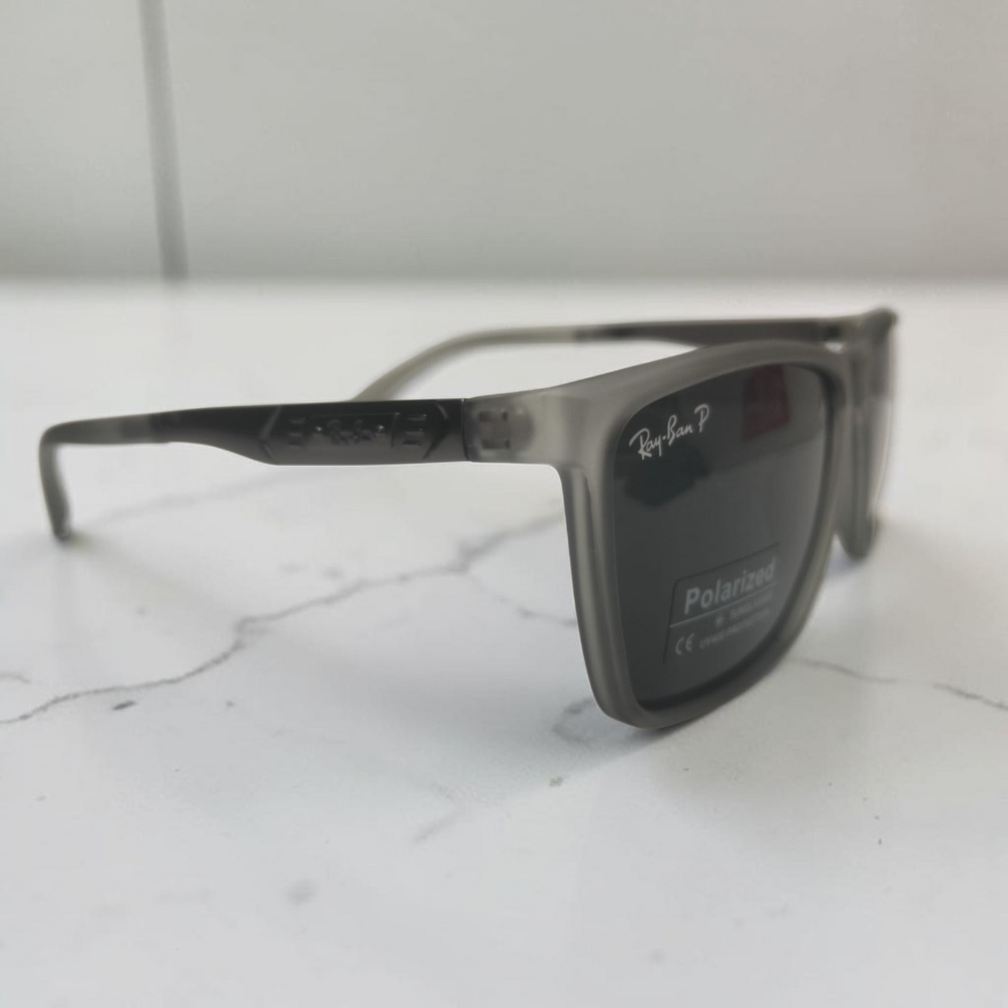 Inspiration of Ray-Ban Matte Translucent Grey Polarized Rectangle Sunglasses (with Classic Case & Packaging)