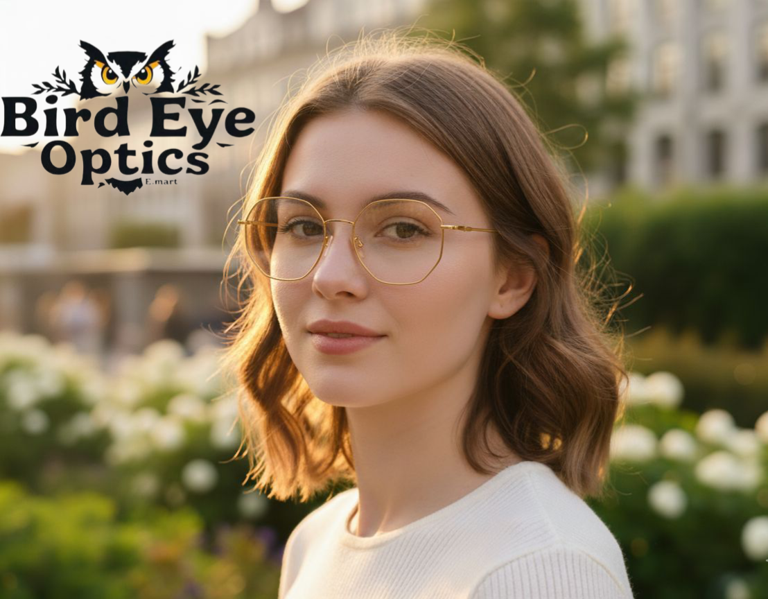 Premium Octagon Rimless Eyewear – Golden Frame with Gradient Lenses | Bird Eye Optics