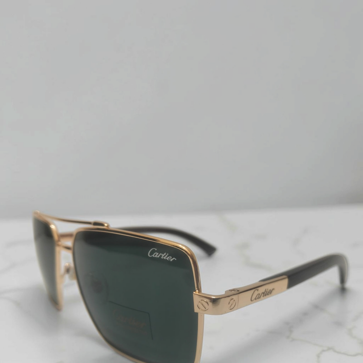 Luxury Cartier Inspiration Square Pilot Sunglasses for Men Golden Metal Double Bridge Frame with Hard Case & Box