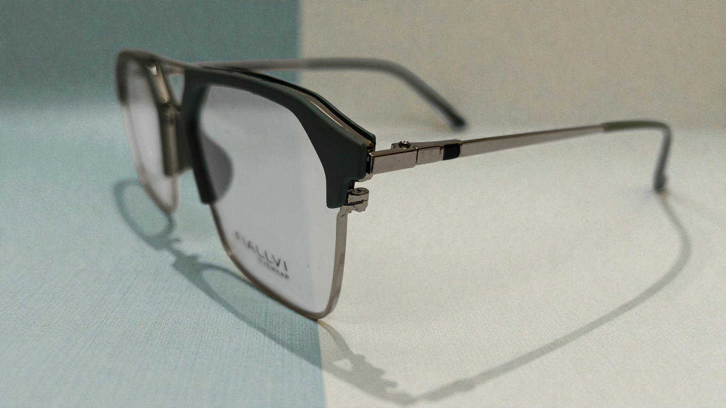 Matte dark olive green front with polished silver-tone metal temples Color Urban Architect:FIALLVI Geometric Frame by Bird Eye Optics Emart