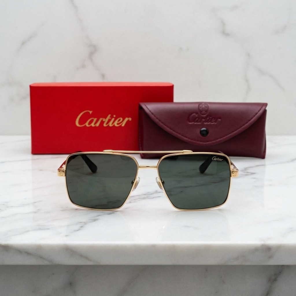 Luxury Cartier Inspiration Square Pilot Sunglasses for Men Golden Metal Double Bridge Frame with Hard Case & Box