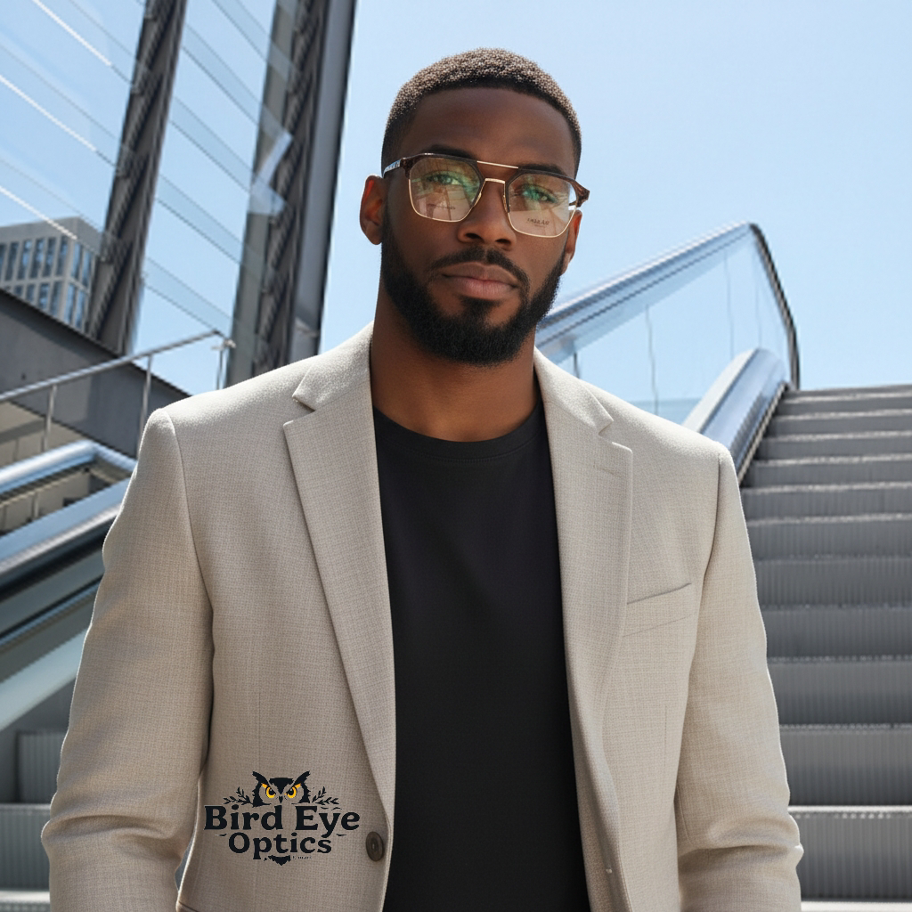 Dark brown front with golden temples color urban Architect:FIALLVI Geometric Frame by Bird Eye Optics Emart