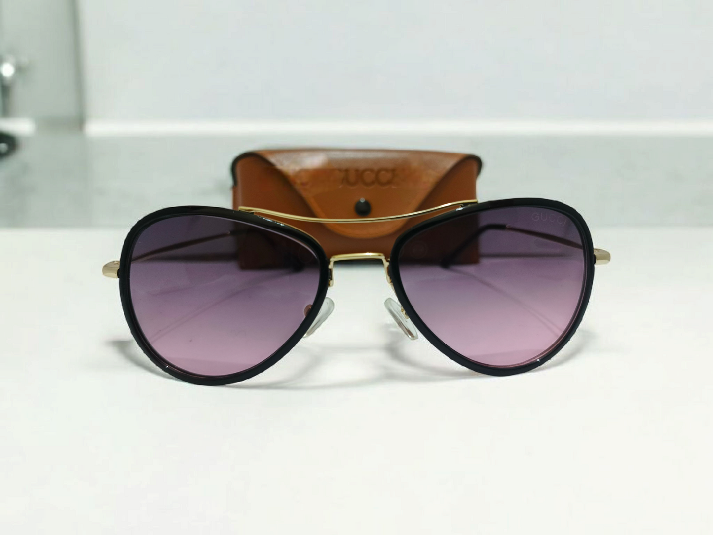 GUCCI Inspired (Adult Small) Premium Aviator Sunglasses with Golden Accents & Purple Gradient Lenses