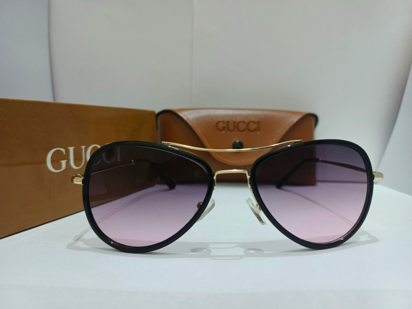 GUCCI Inspired (Adult Small) Premium Aviator Sunglasses with Golden Accents & Purple Gradient Lenses