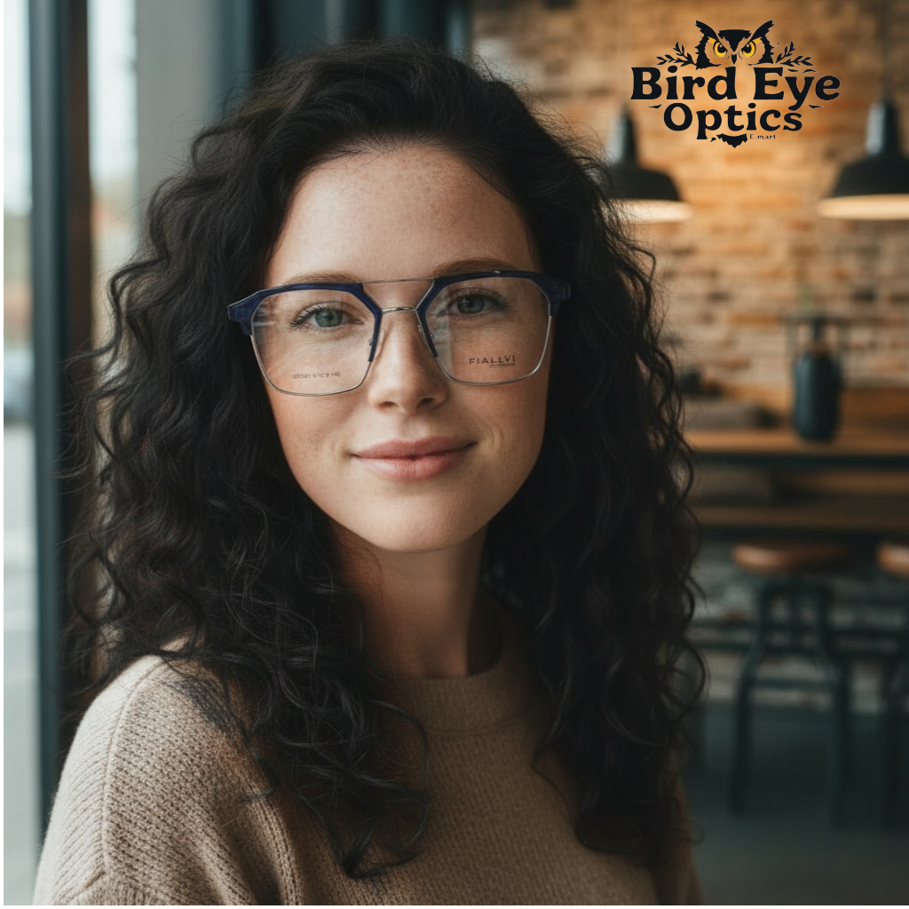 Translucent blue front with polished silver temples color urban Architect:FIALLVI Geometric Frame by Bird Eye Optics Emart