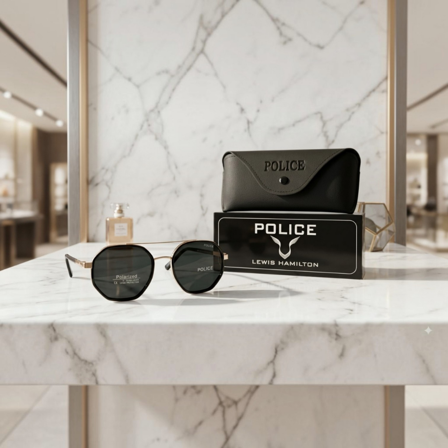 Inspiration of Police x Lewis Hamilton Geometric Octagon Polarized Sunglasses.Golden & Black Frame