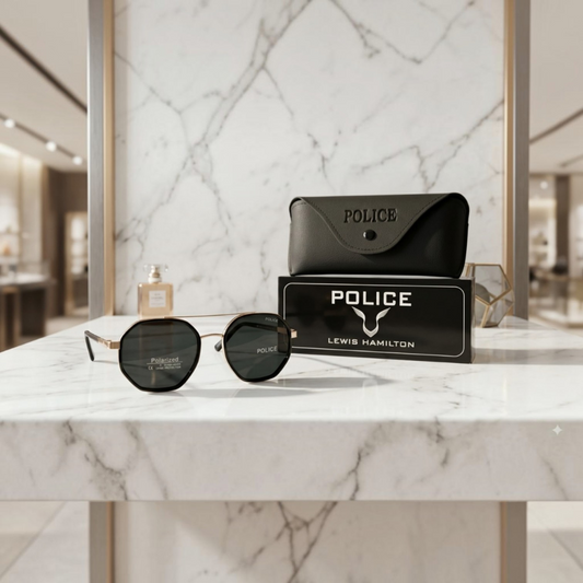 Inspiration of Police x Lewis Hamilton Geometric Octagon Polarized Sunglasses.Golden & Black Frame
